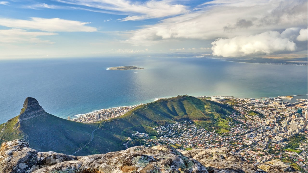 Aerial view of Cape Town (and Sea Point), LionÃ¢Â Â s Head and Signal Hill.  View from Table Mountain, South Africa