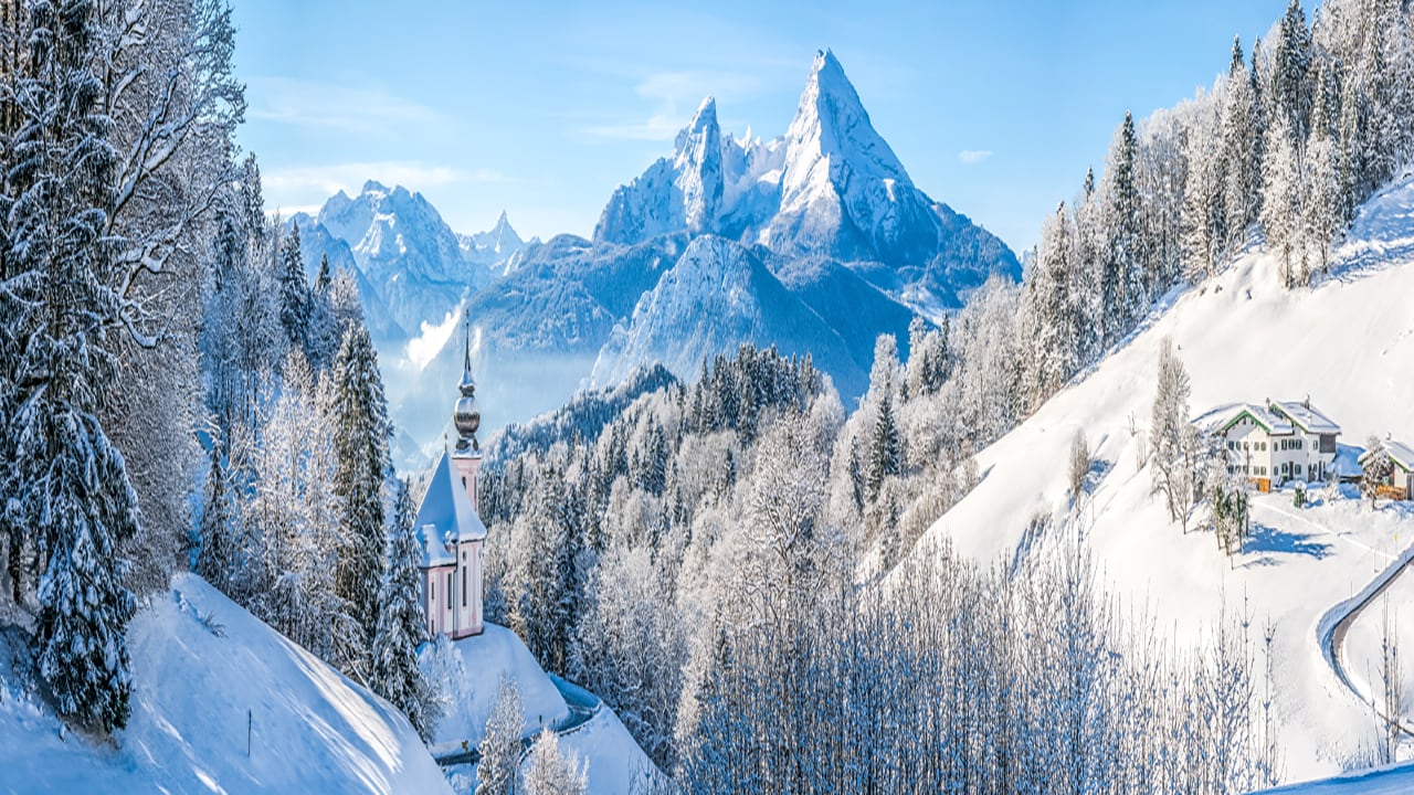 Panoramic view of beautiful winter landscape in the Bavarian Alps