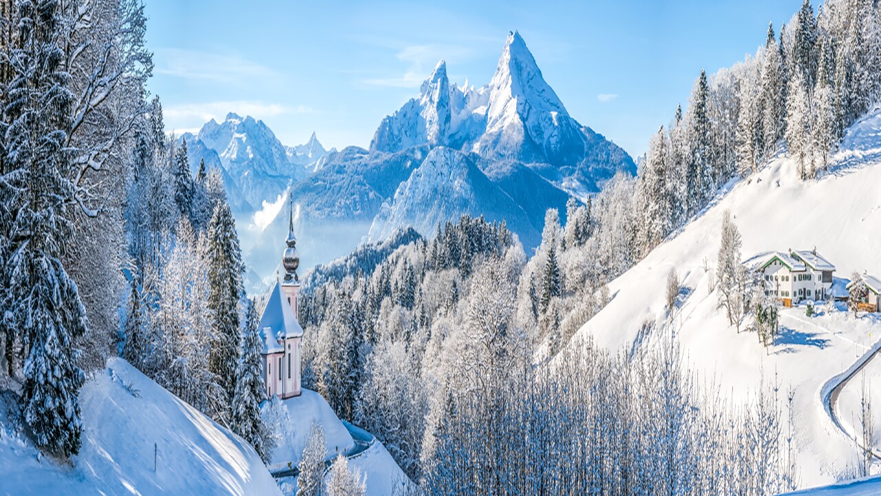 Panoramic view of beautiful winter landscape in the Bavarian Alps