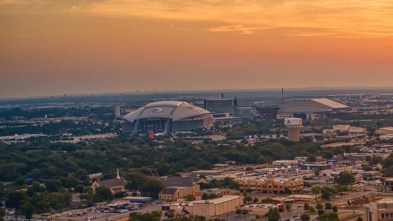 Aerial View of Arlington, Texas during a Summer Sunrise