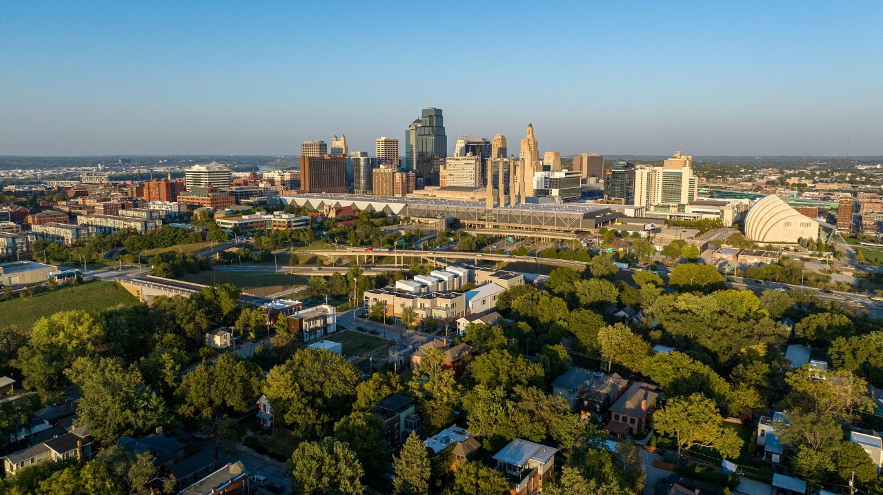 Drone shot of downtown Kansas City