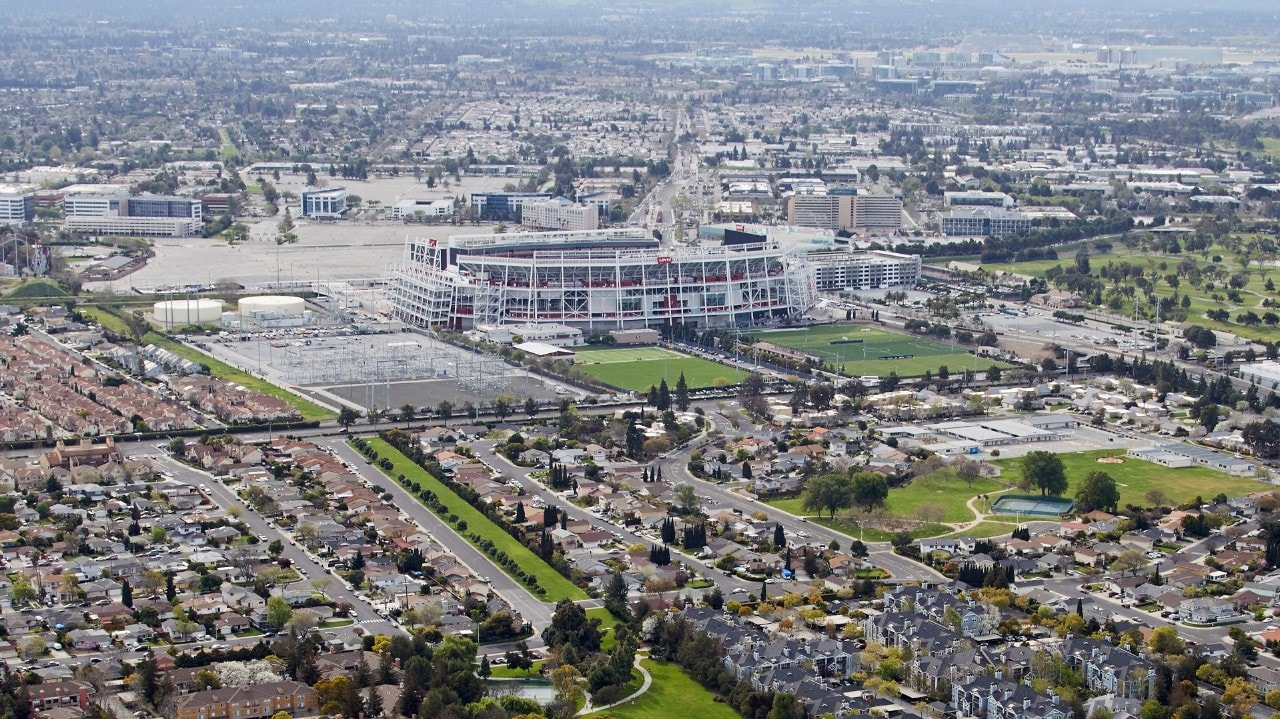 Aerial photography view west of Levi's Stadium, Santa Clara in the San Francisco Bay Area. The picture includes Renaissance, Ulistac Natural Area and Santa Clara Youth Soccer Park. CA 95134. San Francisco, California, United States.